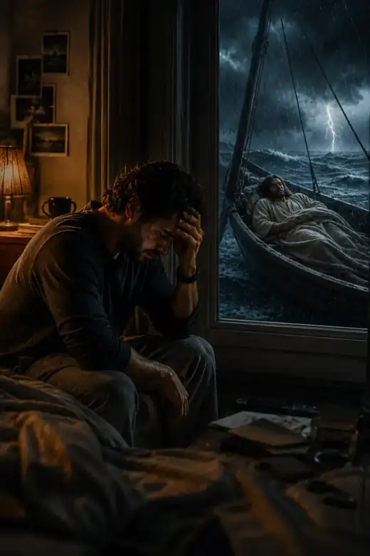 Un hombre sentado al borde de la cama al amanecer, agotado; por la ventana, Jesús duerme en una barca sacudida por la tormenta.